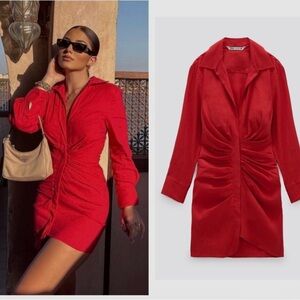 Zara Red Ruched Linen Collared Mini Bodycon Dress Long Sleeve, Size M